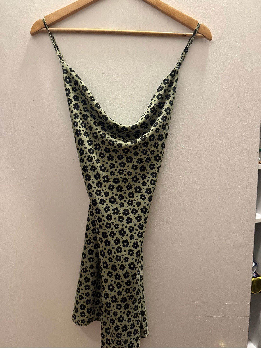 Olive Green Floral Mini Dress with Black Flower Print